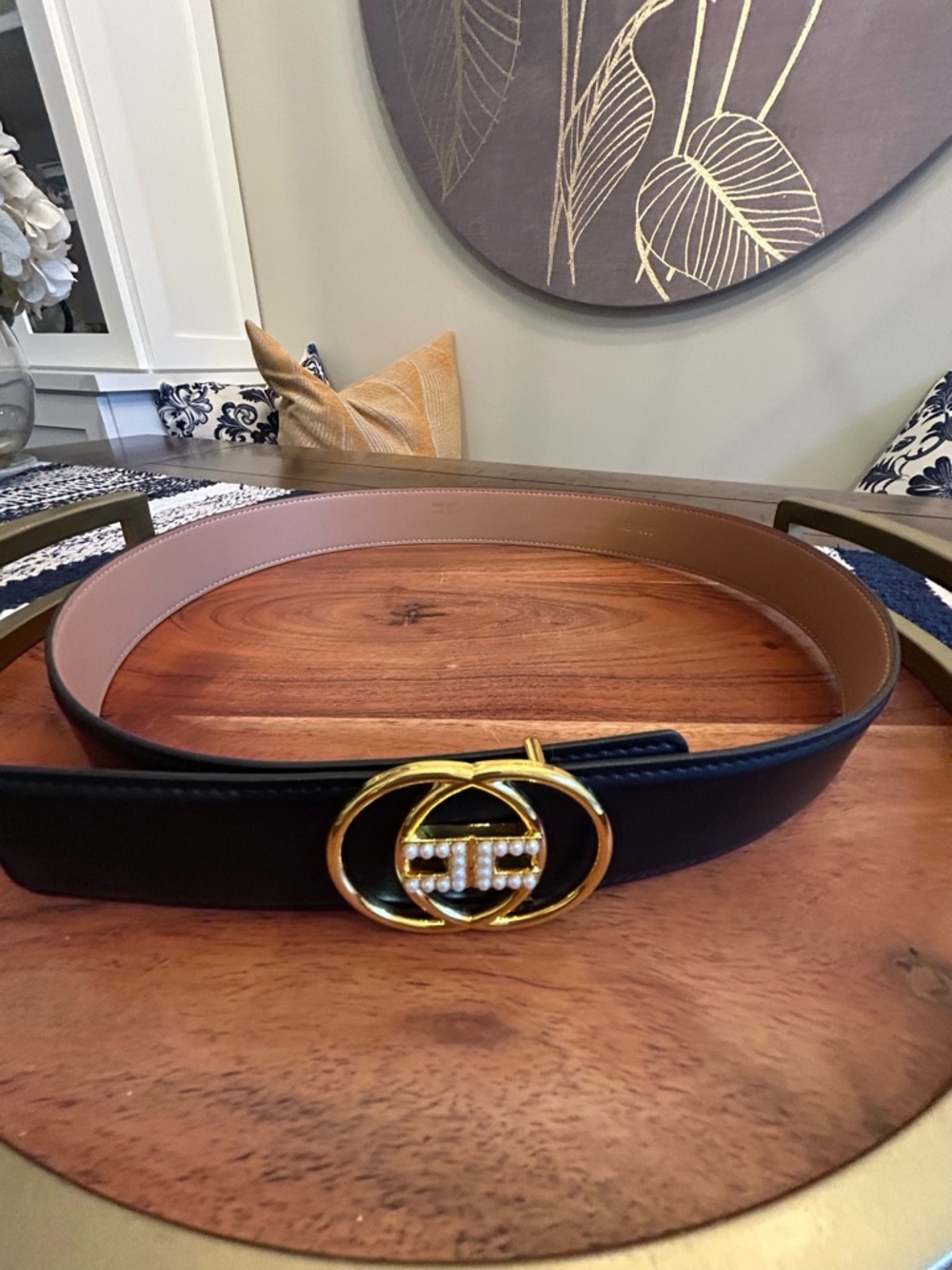 Elisabetta Franchi Synthetic Leather Belt with Gold Pearl Double-Ring Buckle